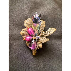 💖Vintage Gold-Tone Floral Brooch With Colorful Gemstones & Leaf Design